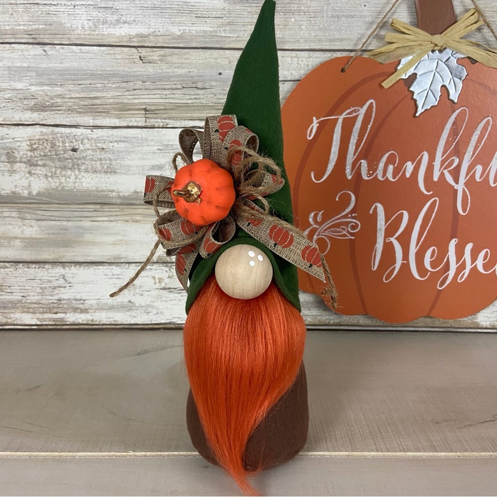 Gnome Fall Autumn Pumpkin Ribbon Green Brown Flannel Shelf Sitter Home Decor